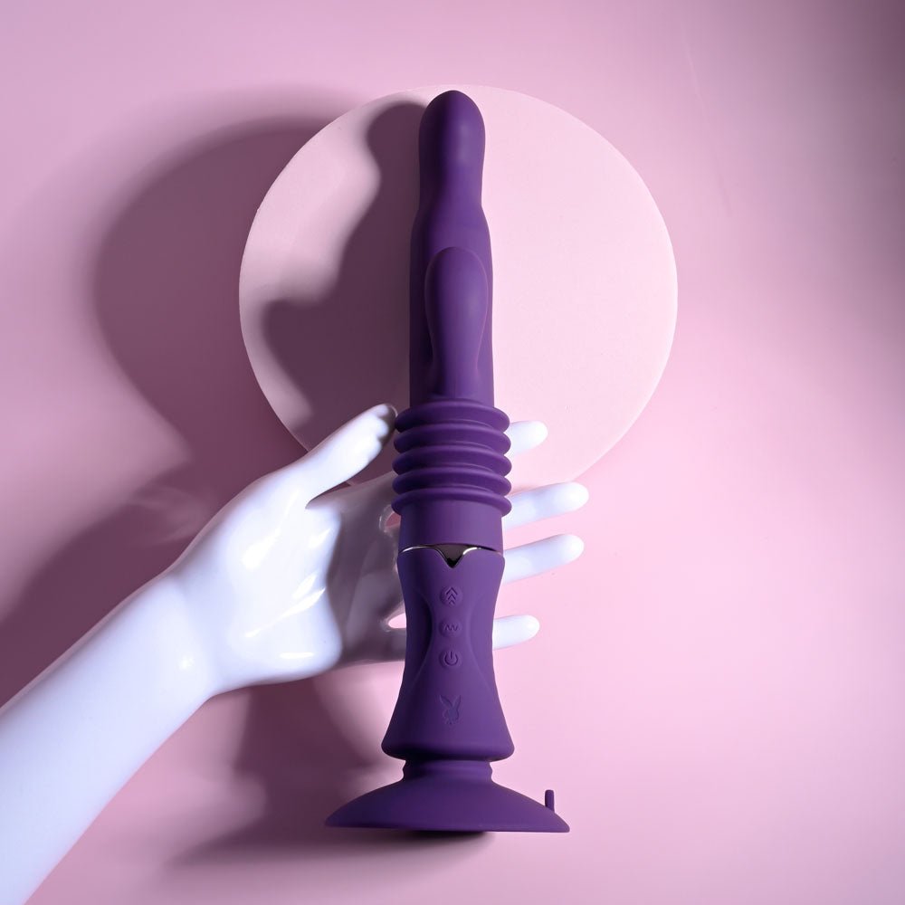 Playboy Pleasure HOPPY ENDING - Purple 29.2 cm USB Rechargeable Thrusting Rabbit Vibrator - Silk and Sin