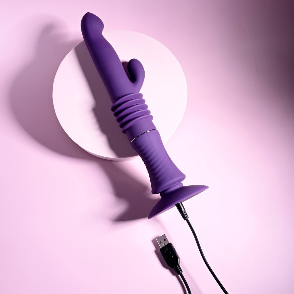 Playboy Pleasure HOPPY ENDING - Purple 29.2 cm USB Rechargeable Thrusting Rabbit Vibrator - Silk and Sin