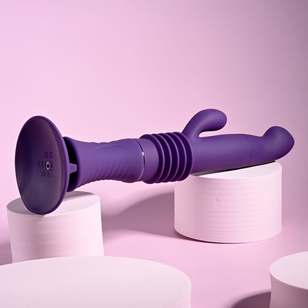 Playboy Pleasure HOPPY ENDING - Purple 29.2 cm USB Rechargeable Thrusting Rabbit Vibrator - Silk and Sin