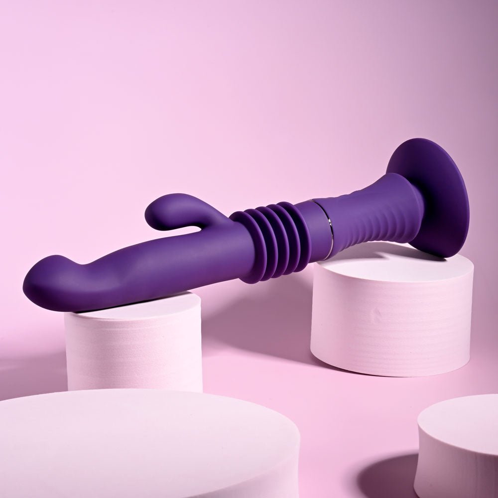 Playboy Pleasure HOPPY ENDING - Purple 29.2 cm USB Rechargeable Thrusting Rabbit Vibrator - Silk and Sin