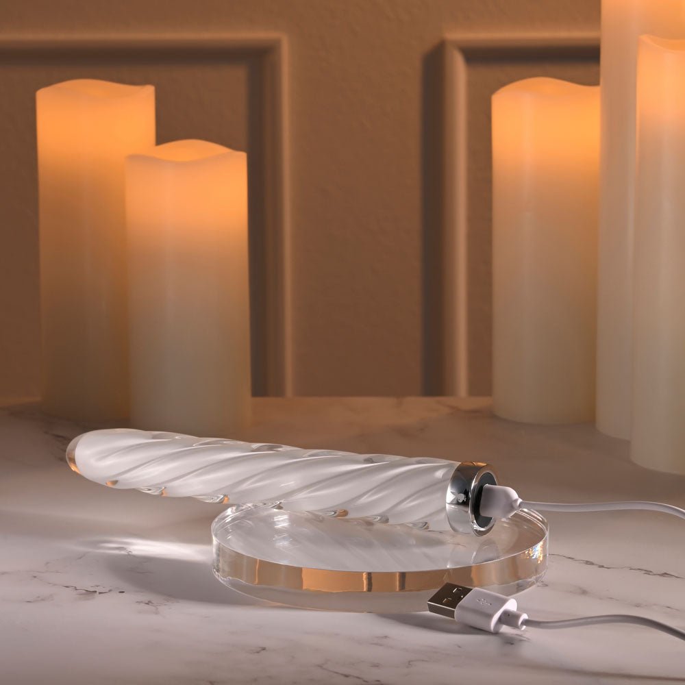 Playboy Pleasure IN A TWIST - White Glass 17.5 cm USB Rechargeable Vibrator - silkandsin