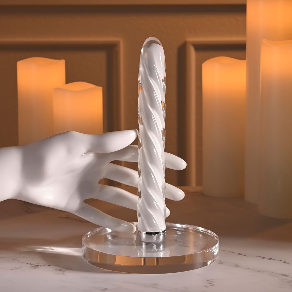 Playboy Pleasure IN A TWIST - White Glass 17.5 cm USB Rechargeable Vibrator - silkandsin