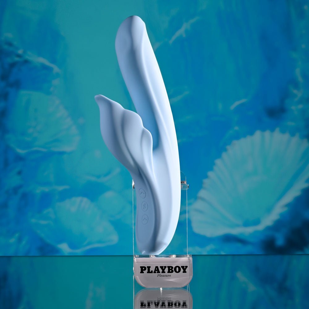 Playboy Pleasure IN BLOOM - Blue 23.5 cm USB Rechargeable Thrusting Tapping & Heating Dual Vibrator - silkandsin