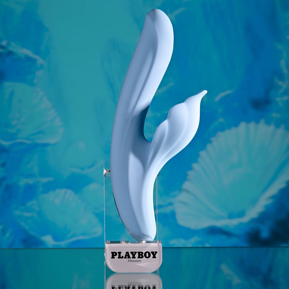 Playboy Pleasure IN BLOOM - Blue 23.5 cm USB Rechargeable Thrusting Tapping & Heating Dual Vibrator - silkandsin