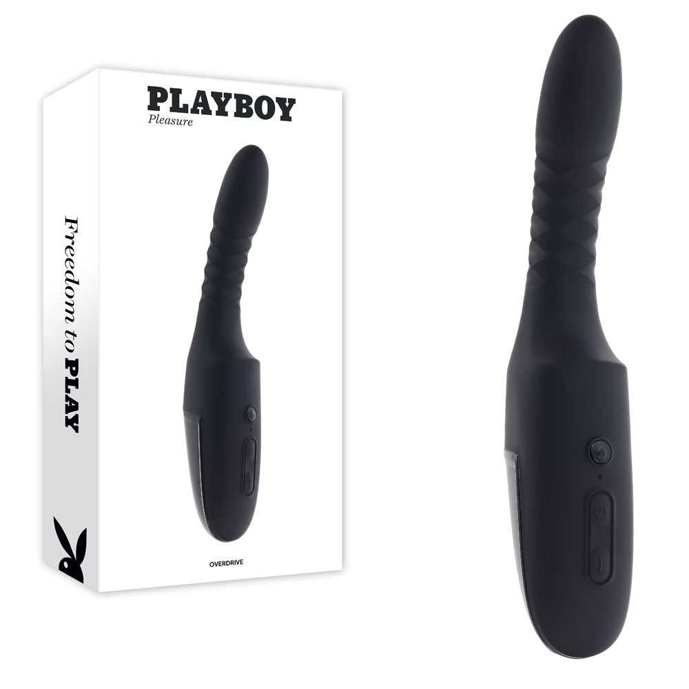 Playboy Pleasure OVERDRIVE - Black 28.2 cm USB Rechargeable Thrusting Vibrator - silkandsin