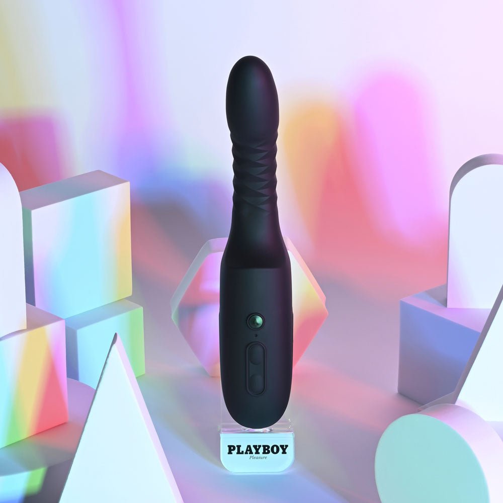 Playboy Pleasure OVERDRIVE - Black 28.2 cm USB Rechargeable Thrusting Vibrator - silkandsin