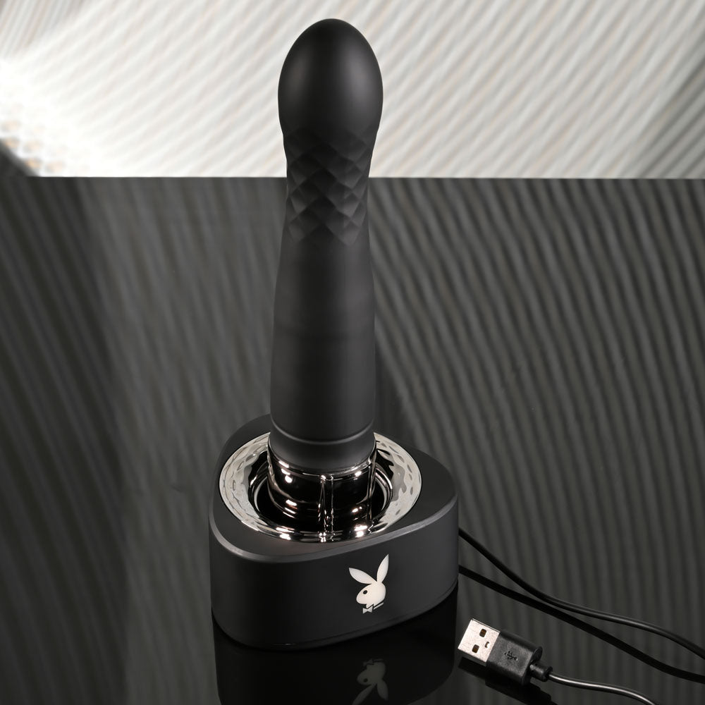 Playboy Pleasure PLEASURE ZONE - Black 21.4 cm Rechargeable Vibrator with USB Charging Dock - silkandsin