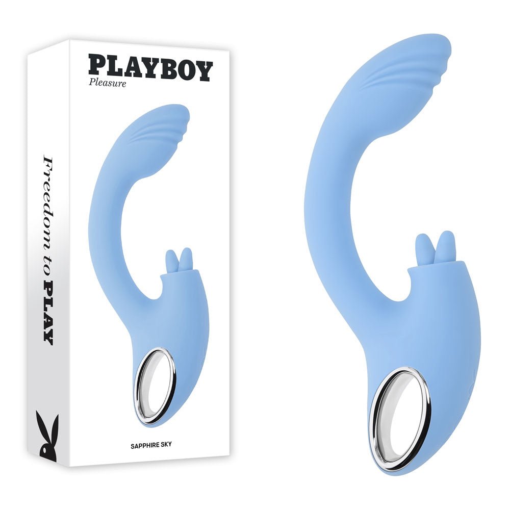 Playboy Pleasure SAPPHIRE SKY - Blue 21.6 cm USB Rechargeable Vibrator with Double Tongue Stimulator - silkandsin