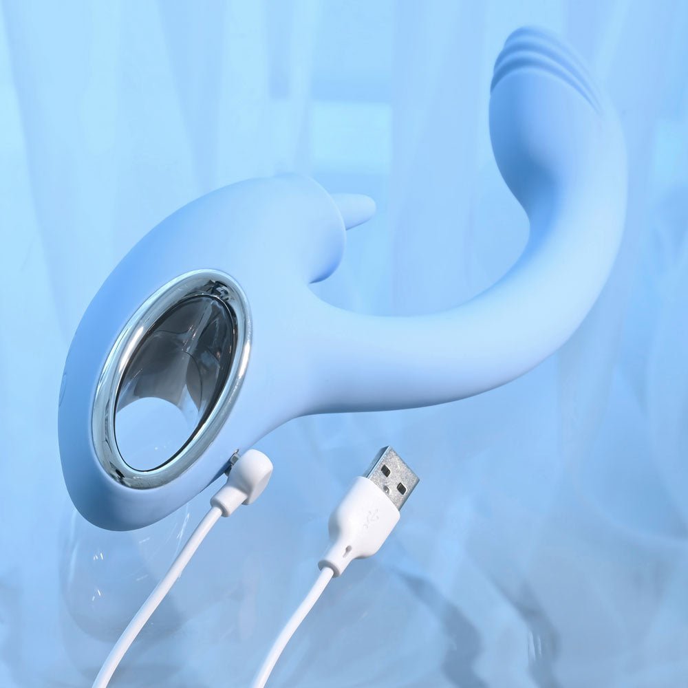 Playboy Pleasure SAPPHIRE SKY - Blue 21.6 cm USB Rechargeable Vibrator with Double Tongue Stimulator - silkandsin