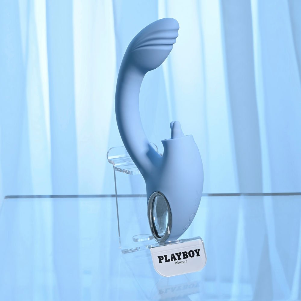 Playboy Pleasure SAPPHIRE SKY - Blue 21.6 cm USB Rechargeable Vibrator with Double Tongue Stimulator - silkandsin