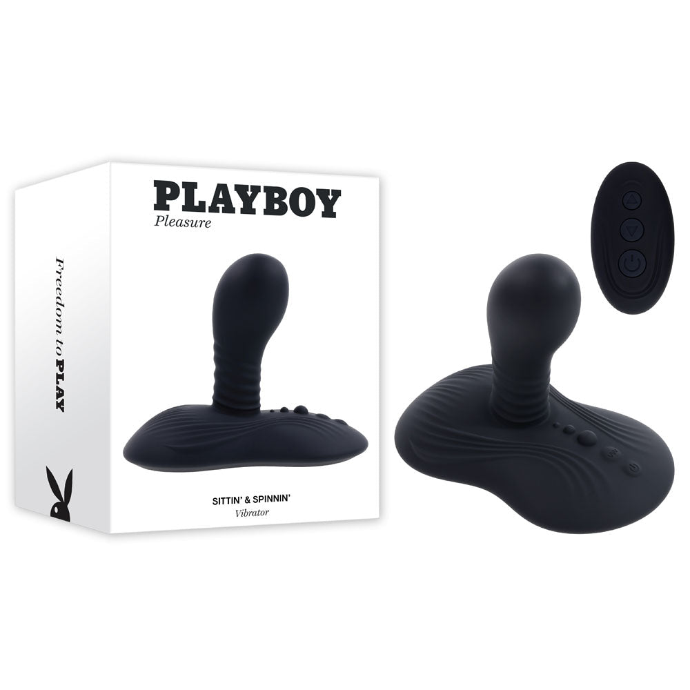 Playboy Pleasure SITTIN & SPINNIN - Black USB Rechargeable Spinning Vibrator & Grinder Pad with Remote - silkandsin