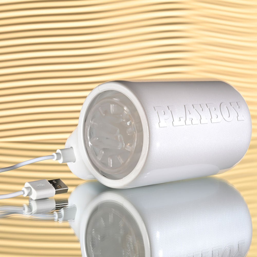Playboy Pleasure SPIN DOCTOR - White USB Rechargeable Vibrating & Spinning Stroker - silkandsin