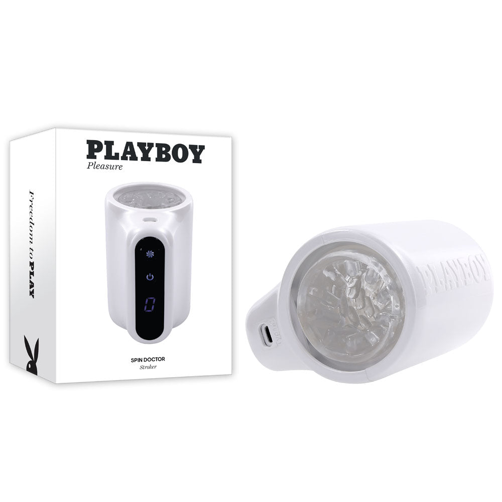 Playboy Pleasure SPIN DOCTOR - White USB Rechargeable Vibrating & Spinning Stroker - silkandsin