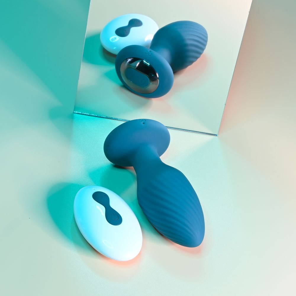 Playboy Pleasure SPINNING TAIL TEASER - Blue 9.7 cm USB Rechargeable Vibrating & Rotating Butt Plug with Wireless Remote - silkandsin