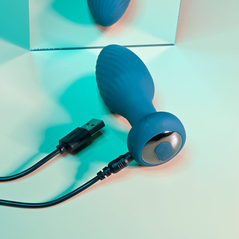 Playboy Pleasure SPINNING TAIL TEASER - Blue 9.7 cm USB Rechargeable Vibrating & Rotating Butt Plug with Wireless Remote - silkandsin