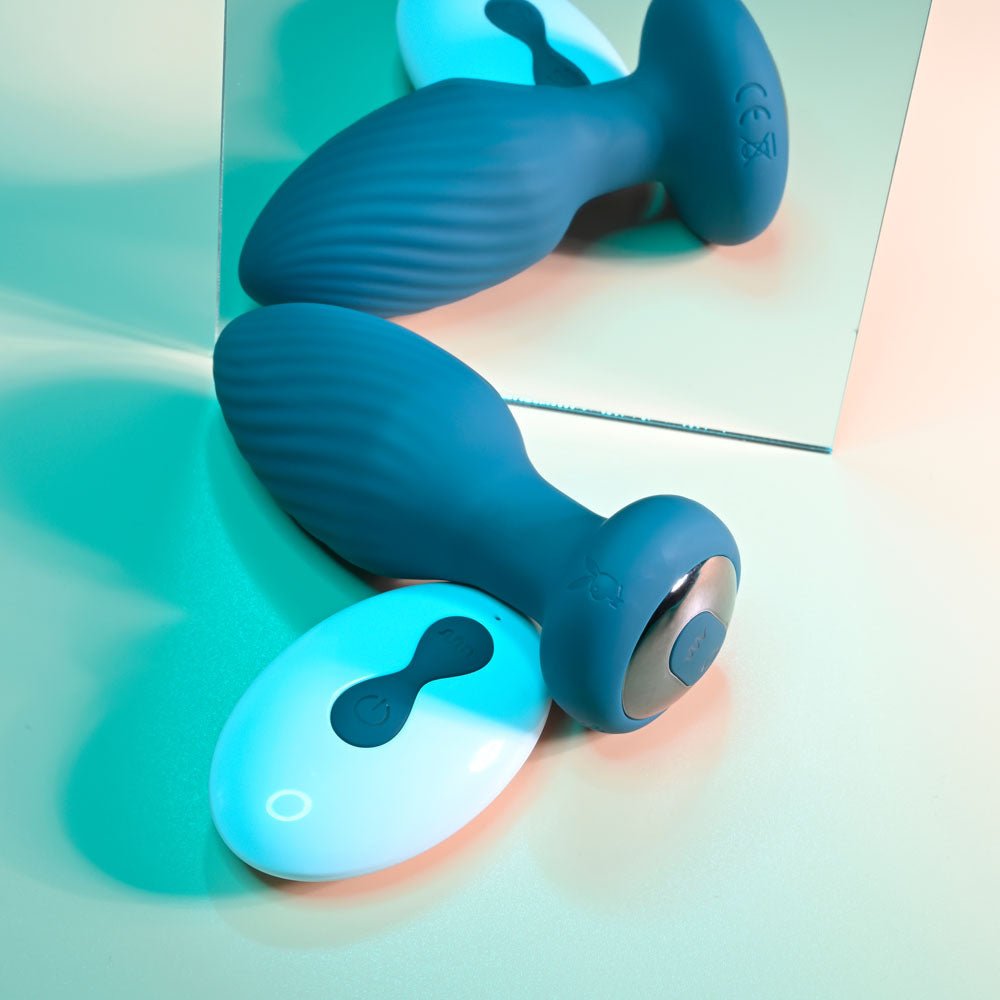 Playboy Pleasure SPINNING TAIL TEASER - Blue 9.7 cm USB Rechargeable Vibrating & Rotating Butt Plug with Wireless Remote - silkandsin