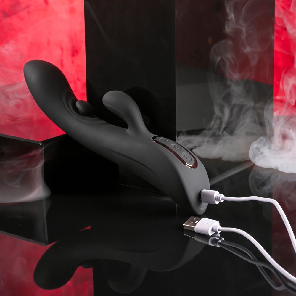 Playboy Pleasure THATS THE SPOT - Black 23.3 cm USB Rechargeable Rabbit Vibrator with G - Spot Tapper - silkandsin
