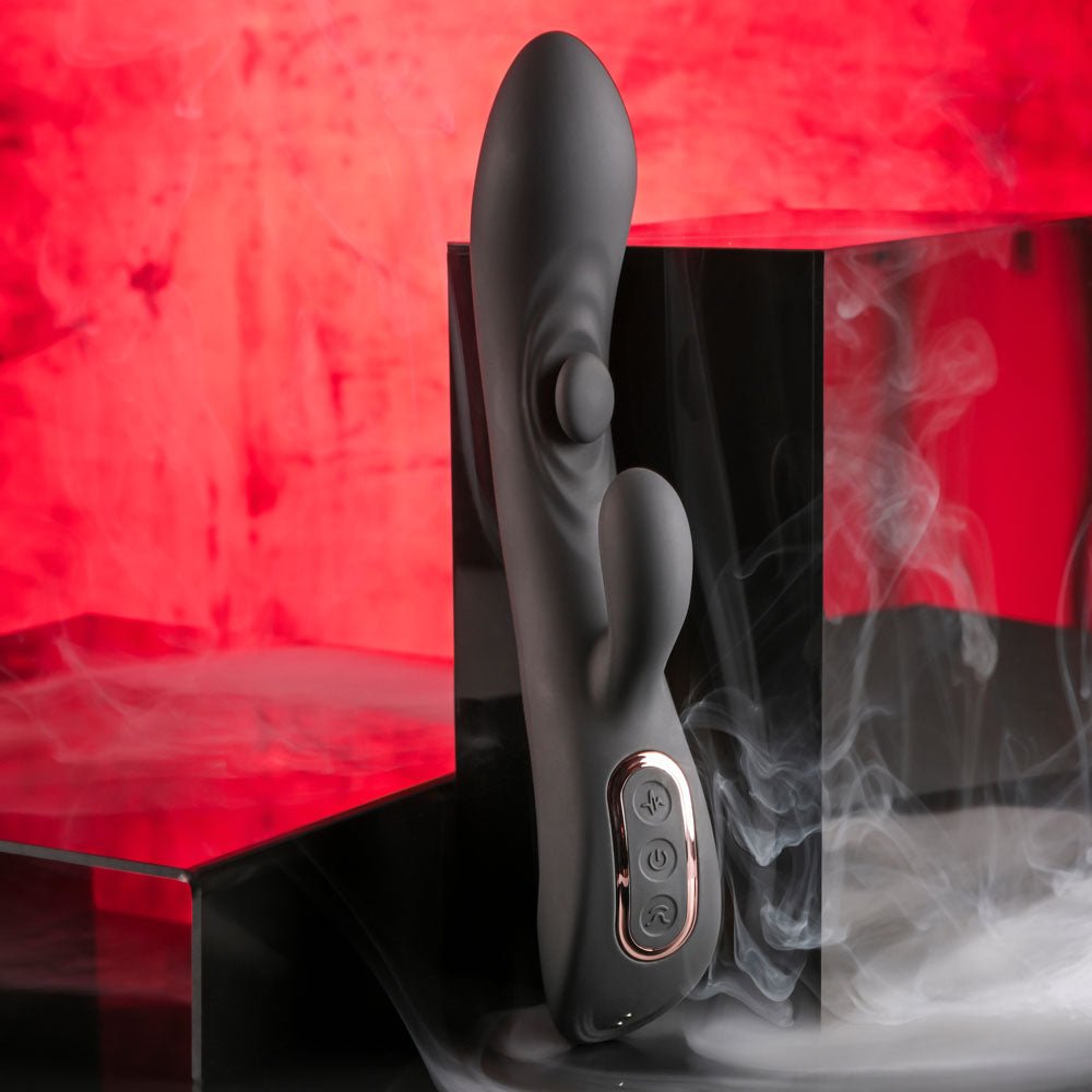 Playboy Pleasure THATS THE SPOT - Black 23.3 cm USB Rechargeable Rabbit Vibrator with G - Spot Tapper - silkandsin