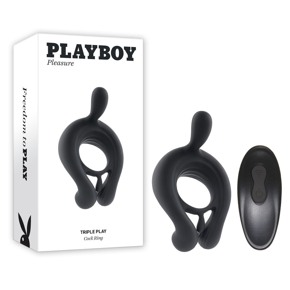 Playboy Pleasure TRIPLE PLAY - Black USB Rechargeable Cock Ring with Wireless Remote - silkandsin