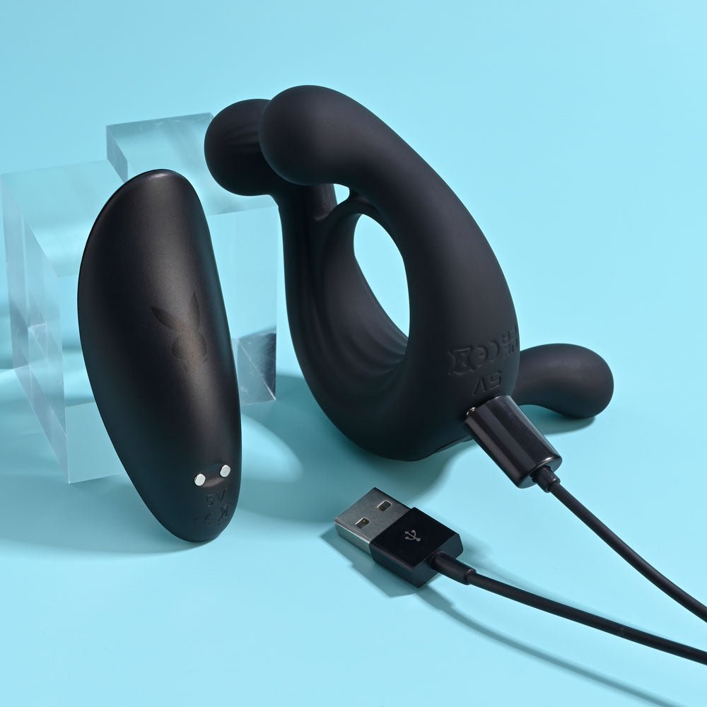 Playboy Pleasure TRIPLE PLAY - Black USB Rechargeable Cock Ring with Wireless Remote - silkandsin