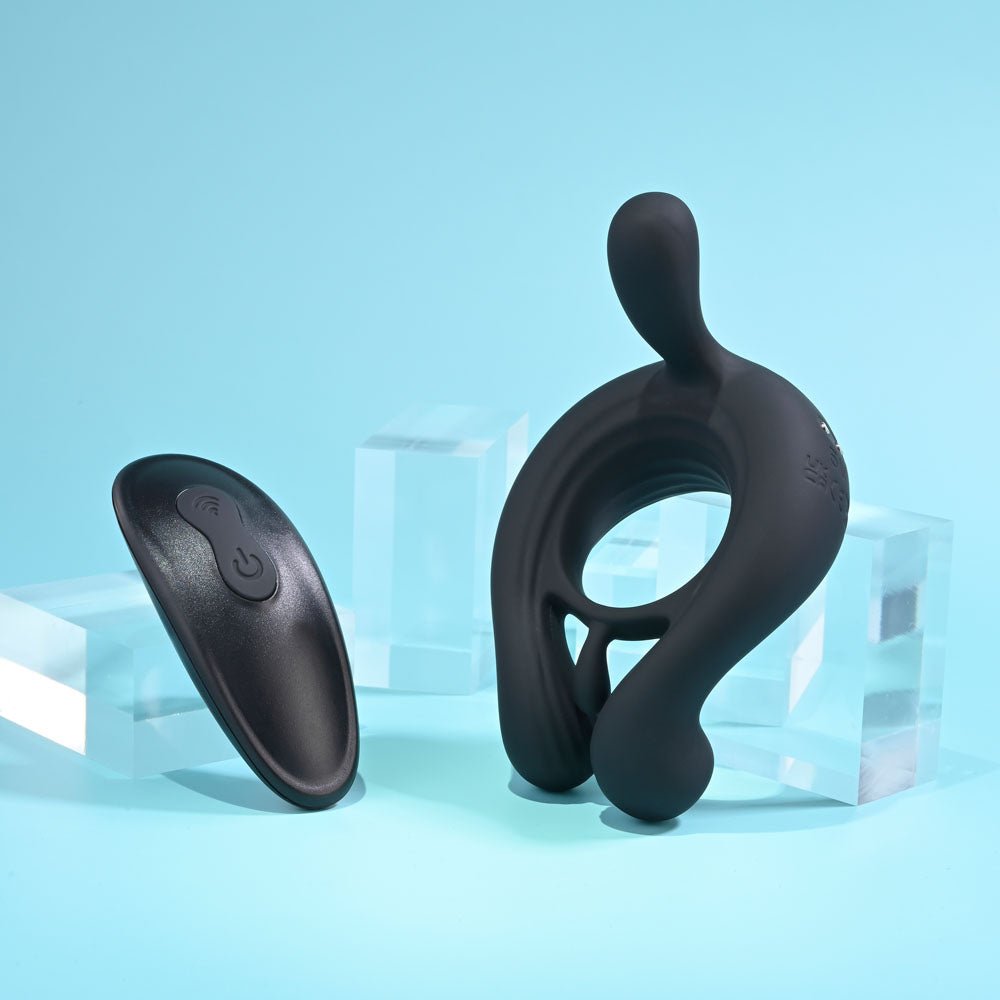 Playboy Pleasure TRIPLE PLAY - Black USB Rechargeable Cock Ring with Wireless Remote - silkandsin
