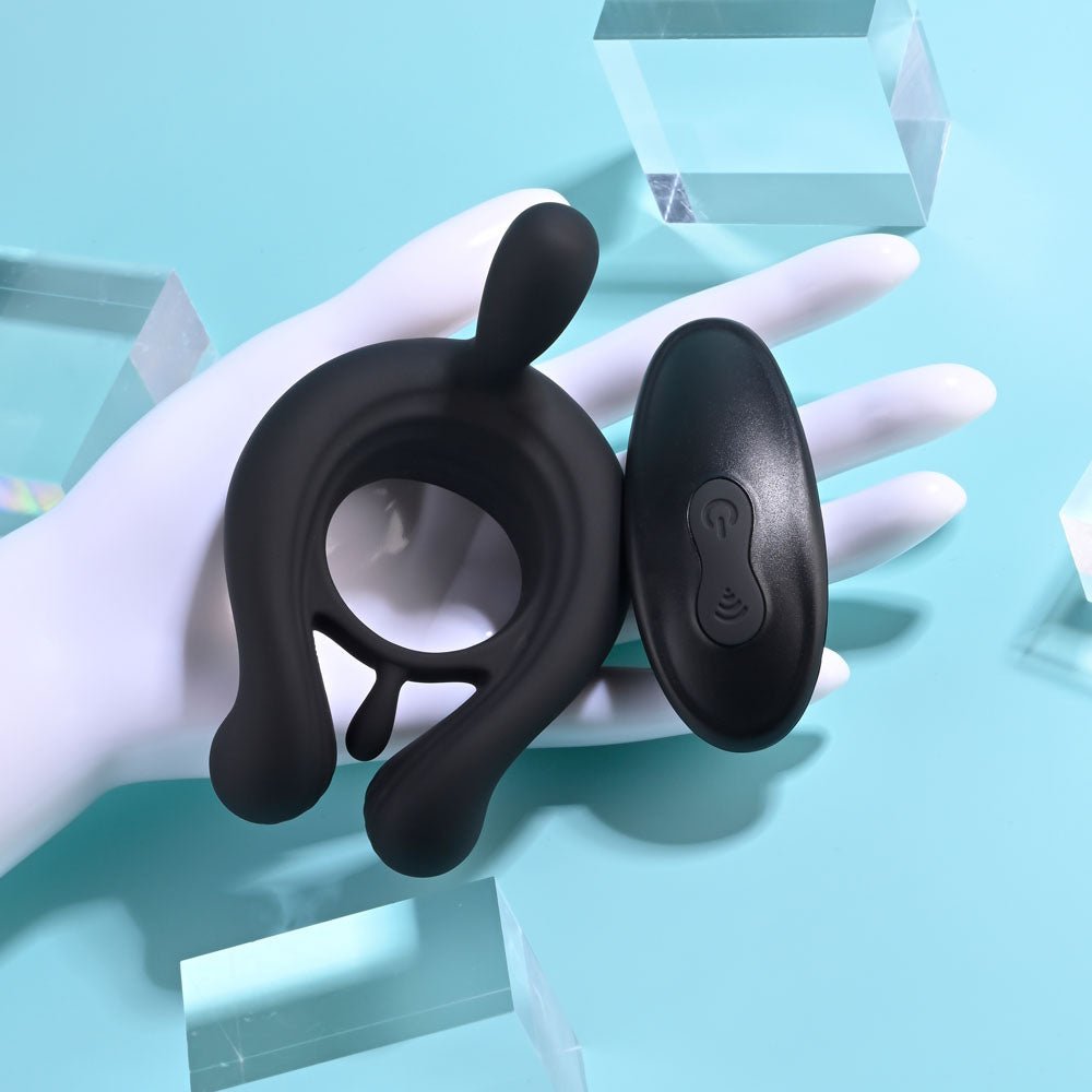 Playboy Pleasure TRIPLE PLAY - Black USB Rechargeable Cock Ring with Wireless Remote - silkandsin