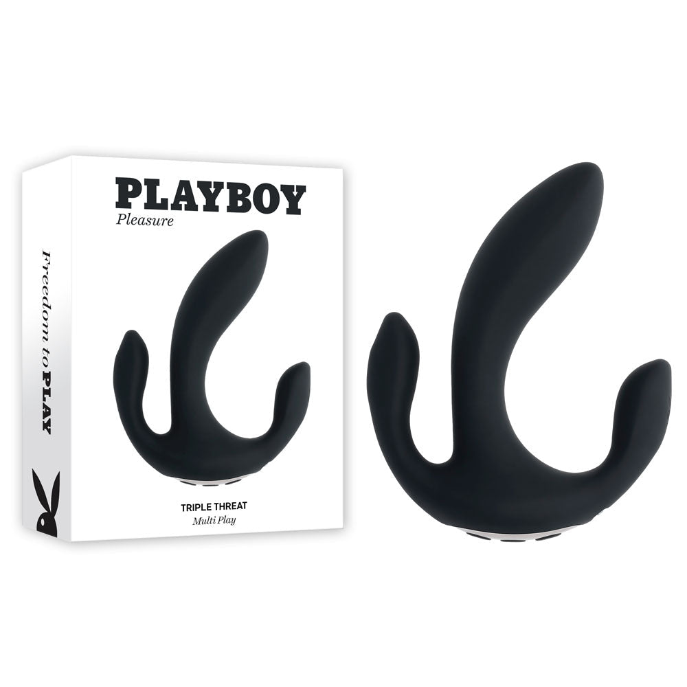 Playboy Pleasure TRIPLE THREAT - Black USB Rechargeable Triple Probe Vibrator - silkandsin