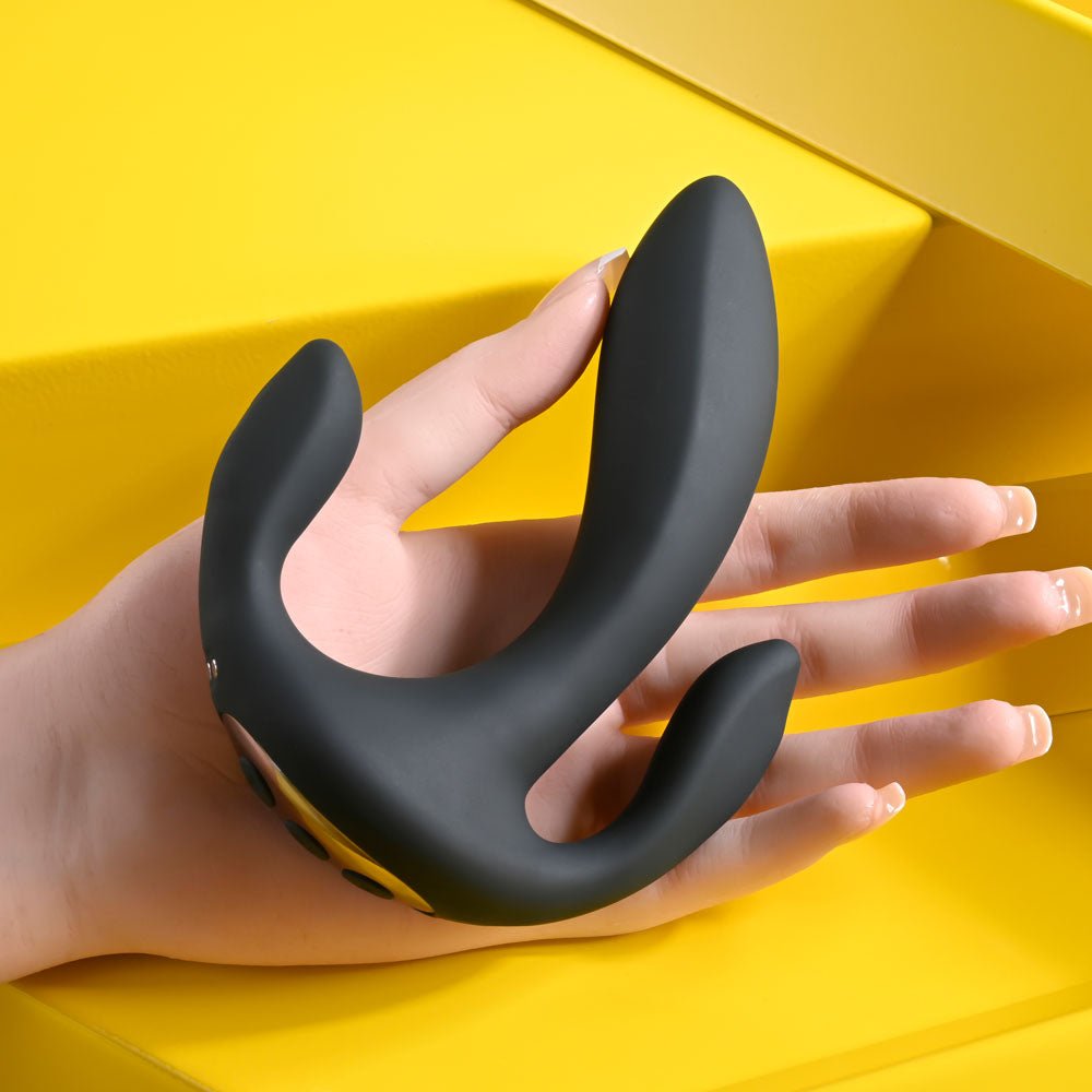 Playboy Pleasure TRIPLE THREAT - Black USB Rechargeable Triple Probe Vibrator - silkandsin