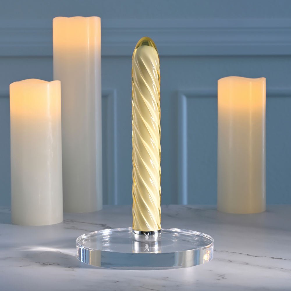 Playboy Pleasure TWIST OF FATE - Yellow Glass 17.5 cm USB Rechargeable Vibrator - silkandsin