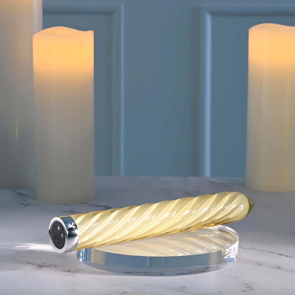 Playboy Pleasure TWIST OF FATE - Yellow Glass 17.5 cm USB Rechargeable Vibrator - silkandsin