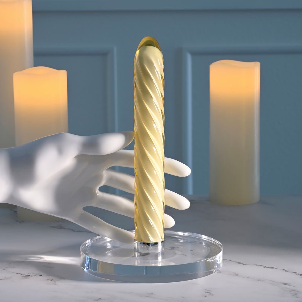 Playboy Pleasure TWIST OF FATE - Yellow Glass 17.5 cm USB Rechargeable Vibrator - silkandsin