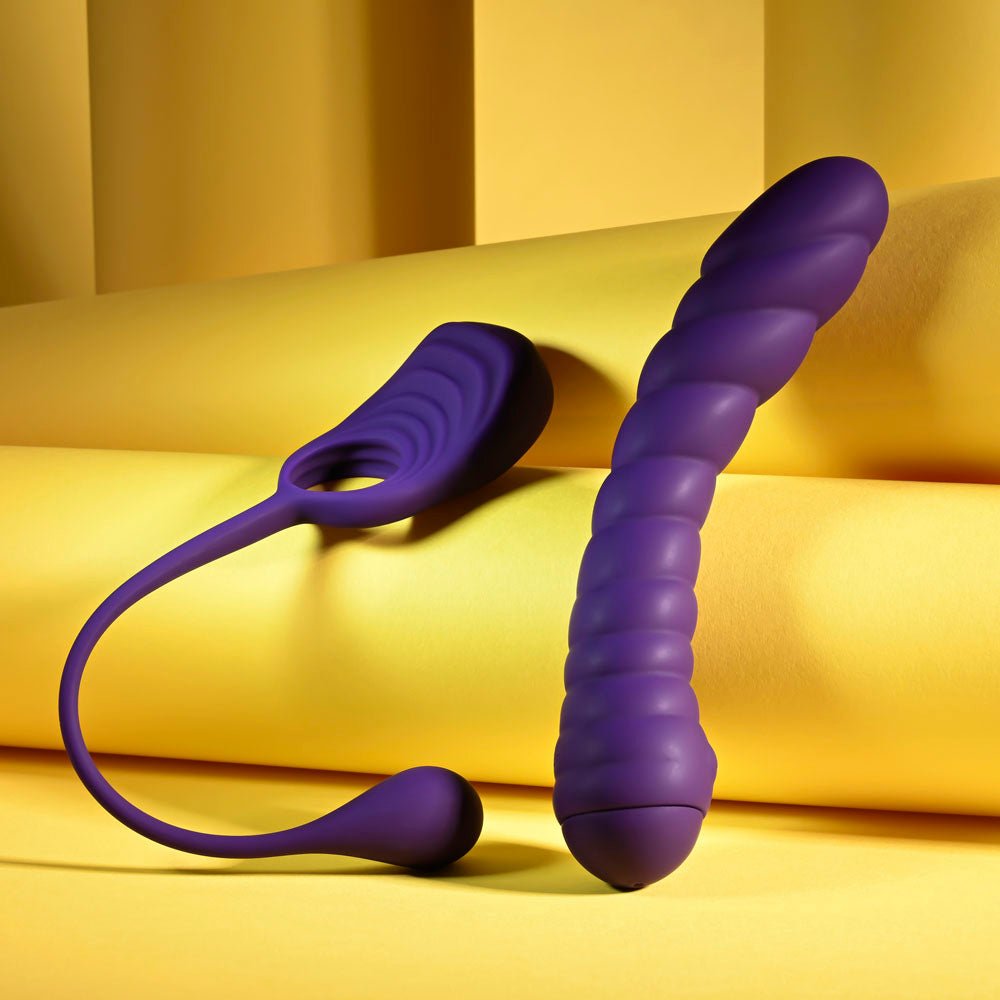 Playboy Pleasure TWISTED PLAYGROUND - Purple USB Rechargeable Vibrator and Cock Ring Kit - silkandsin