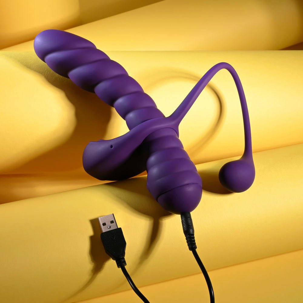 Playboy Pleasure TWISTED PLAYGROUND - Purple USB Rechargeable Vibrator and Cock Ring Kit - silkandsin