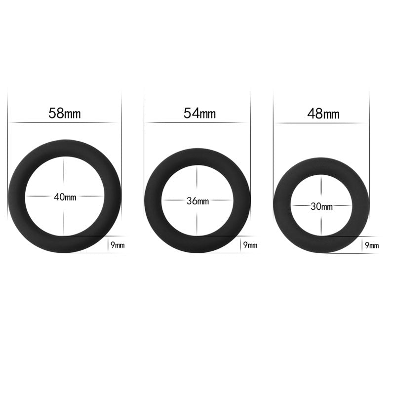 Power Plus Soft Silicone Snug Ring - Black Cock Rings - Set of 3 Sizes - Silk and Sin