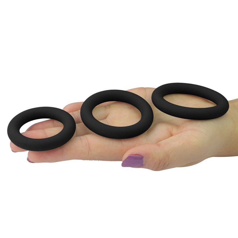 Power Plus Soft Silicone Snug Ring - Black Cock Rings - Set of 3 Sizes - Silk and Sin