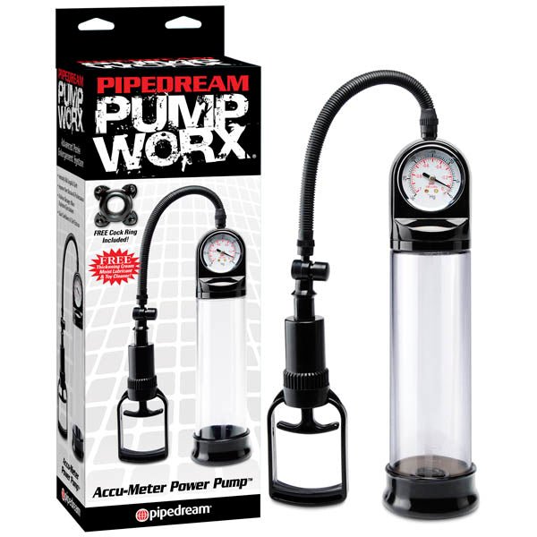 Pump Worx Accu - Meter Power Pump - Clear/Black Penis Pump with Gauge - silkandsin