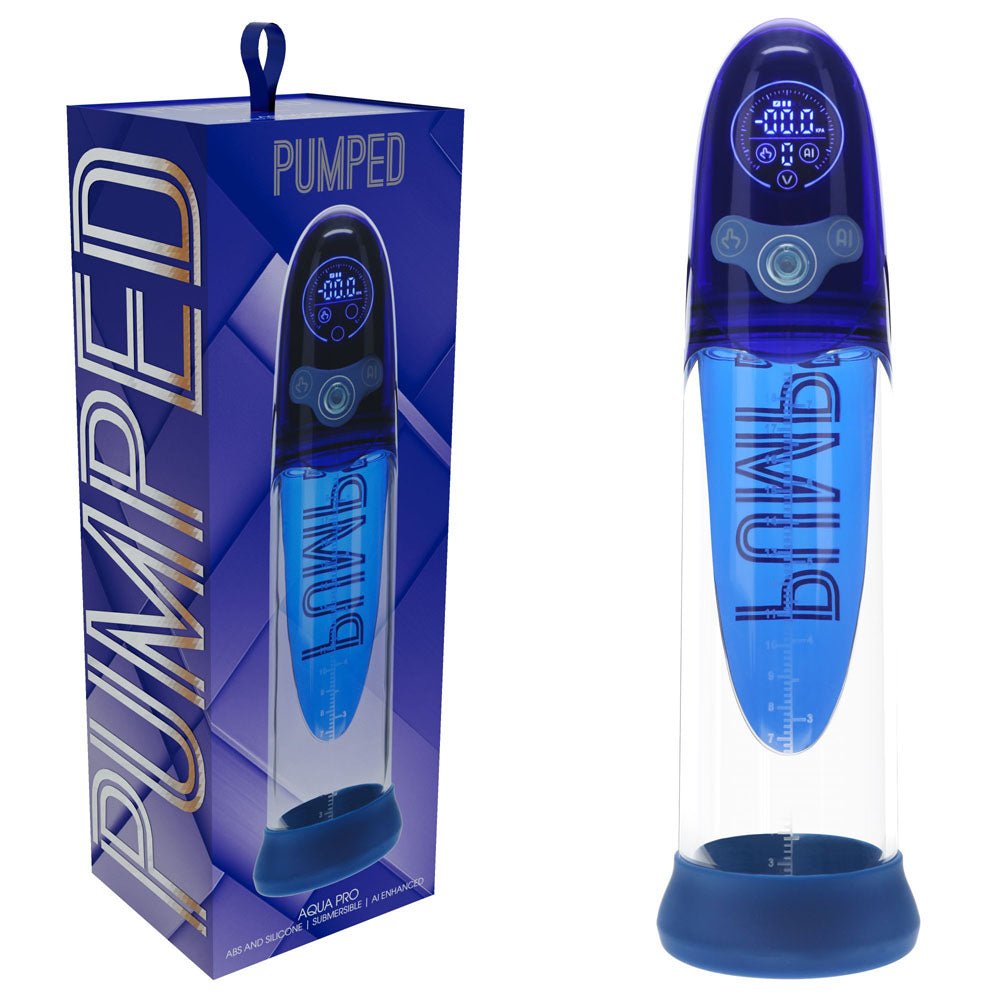 PUMPED Aqua - Pro Auto Pump - Blue - Blue/Clear USB Rechargeable AI - Enabled Submersible Auto Penis Pump - silkandsin
