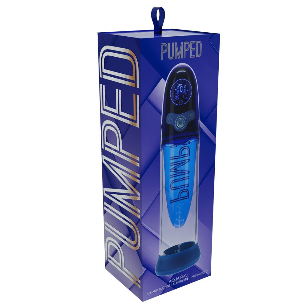 PUMPED Aqua - Pro Auto Pump - Blue - Blue/Clear USB Rechargeable AI - Enabled Submersible Auto Penis Pump - silkandsin