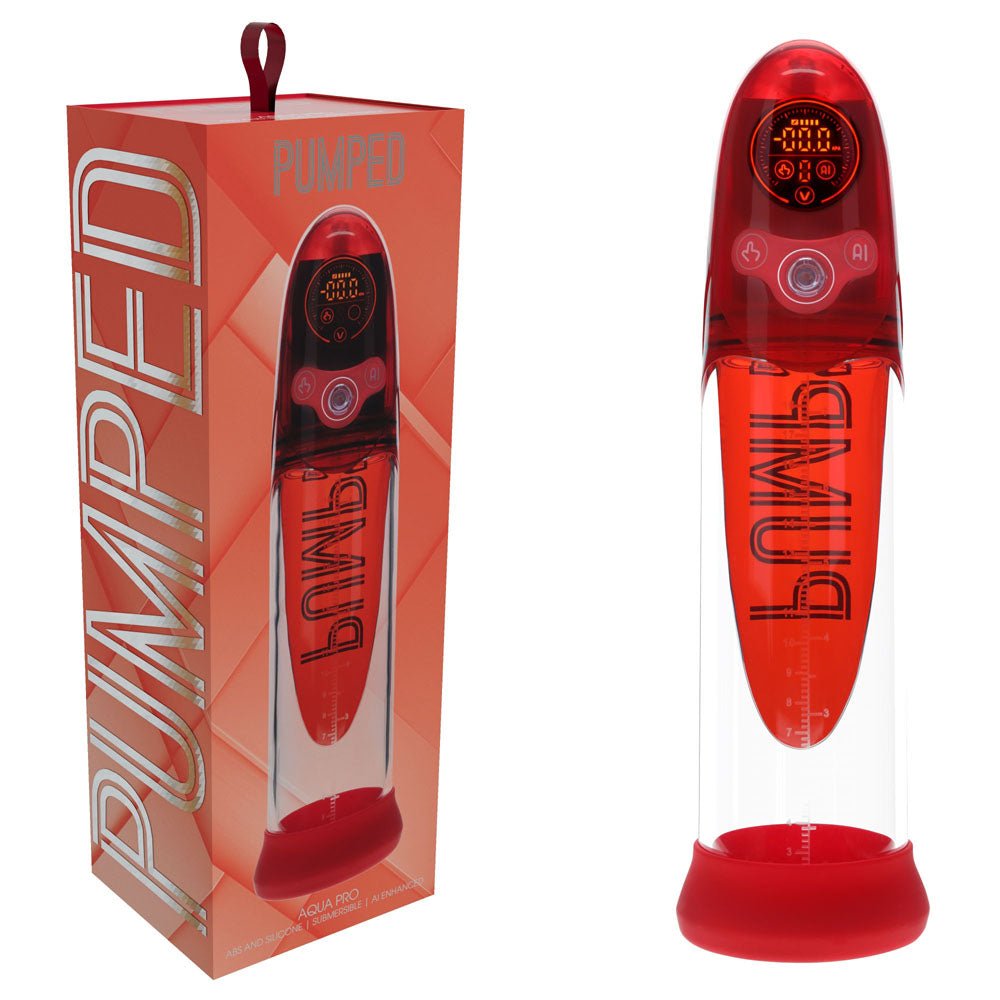 PUMPED Aqua - Pro Auto Pump - Red - Red/Clear USB Rechargeable AI - Enabled Submersible Auto Penis Pump - silkandsin