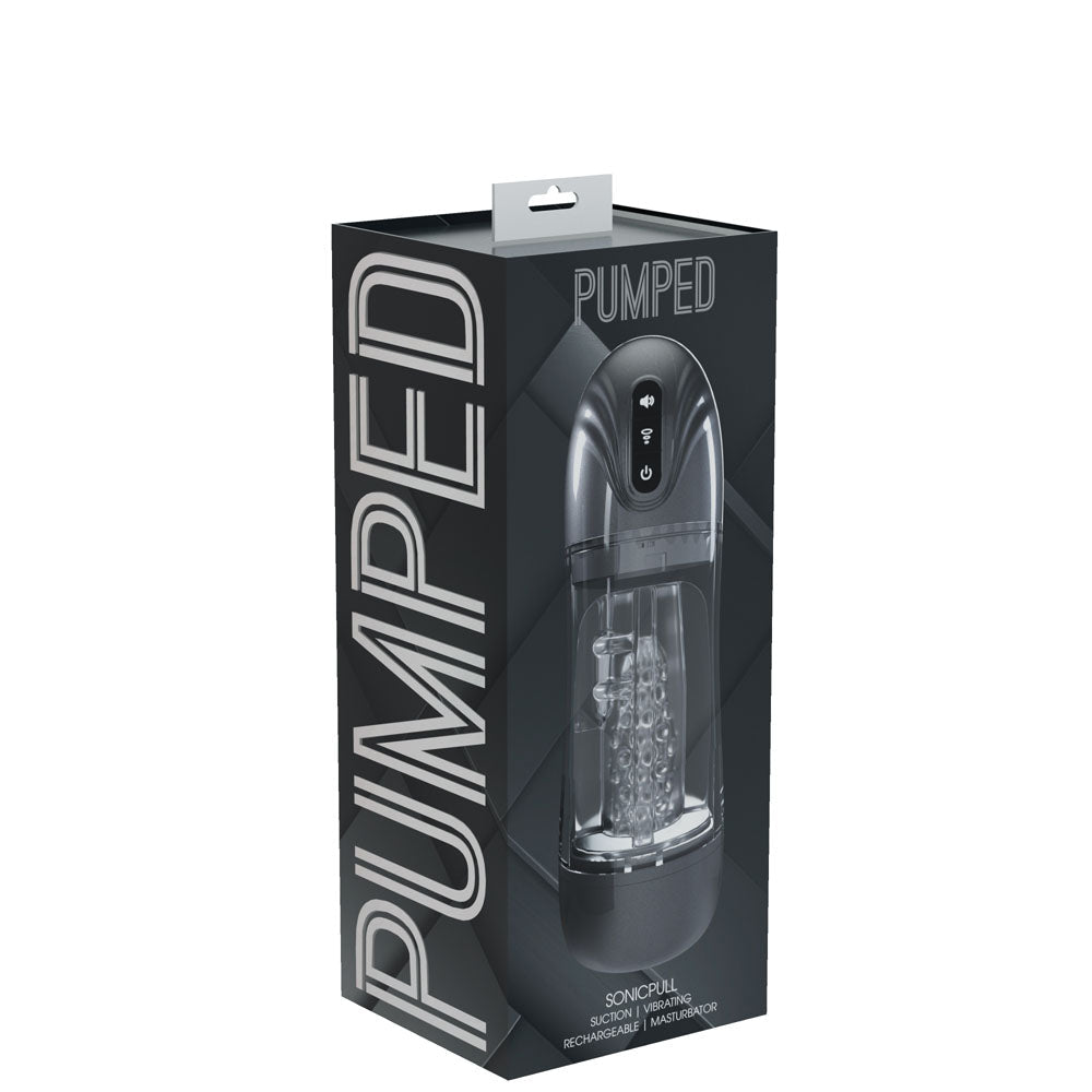 PUMPED SonicPull - Gunmetal - Gunmetal Grey/Clear USB Rechargeable Sucking And Vibrating Auto Masturbator - silkandsin