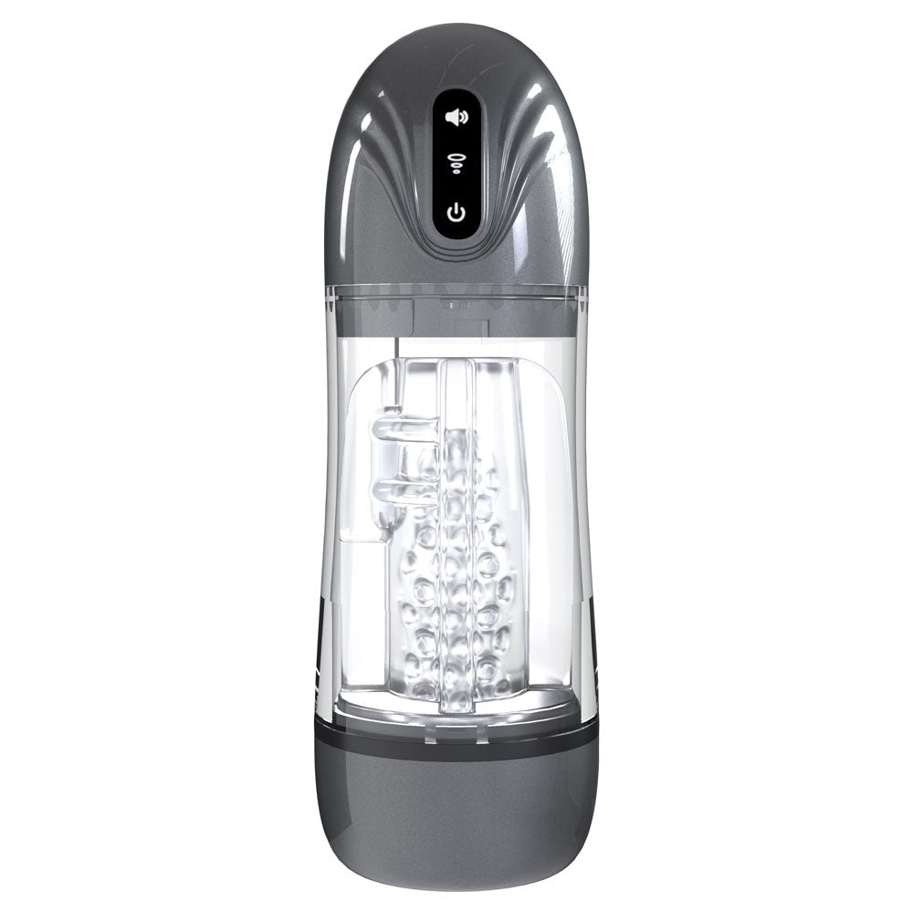 PUMPED SonicPull - Gunmetal - Gunmetal Grey/Clear USB Rechargeable Sucking And Vibrating Auto Masturbator - silkandsin