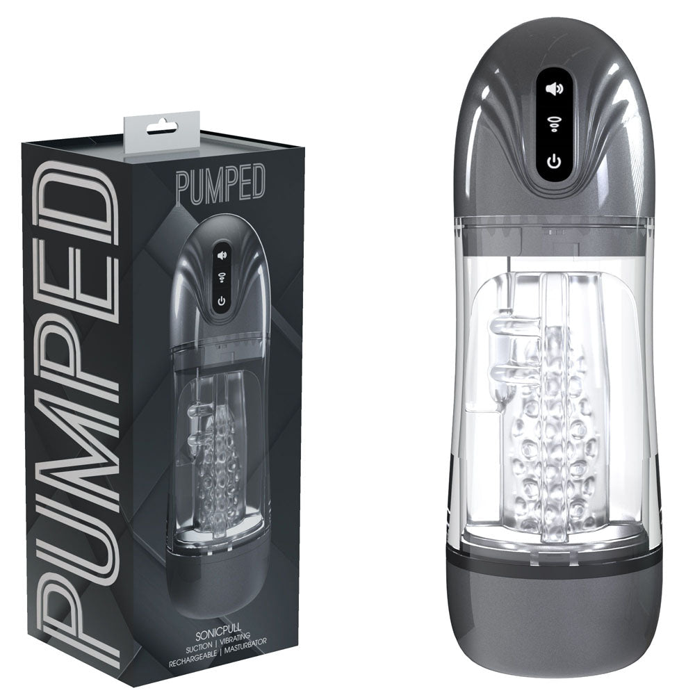 PUMPED SonicPull - Gunmetal - Gunmetal Grey/Clear USB Rechargeable Sucking And Vibrating Auto Masturbator - silkandsin