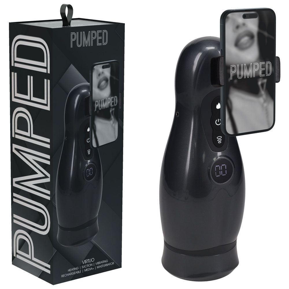 PUMPED Virtuo - Gunmetal - Gunmetal Grey/Clear USB Rechargeable Sucking And Vibrating Auto Masturbator - silkandsin