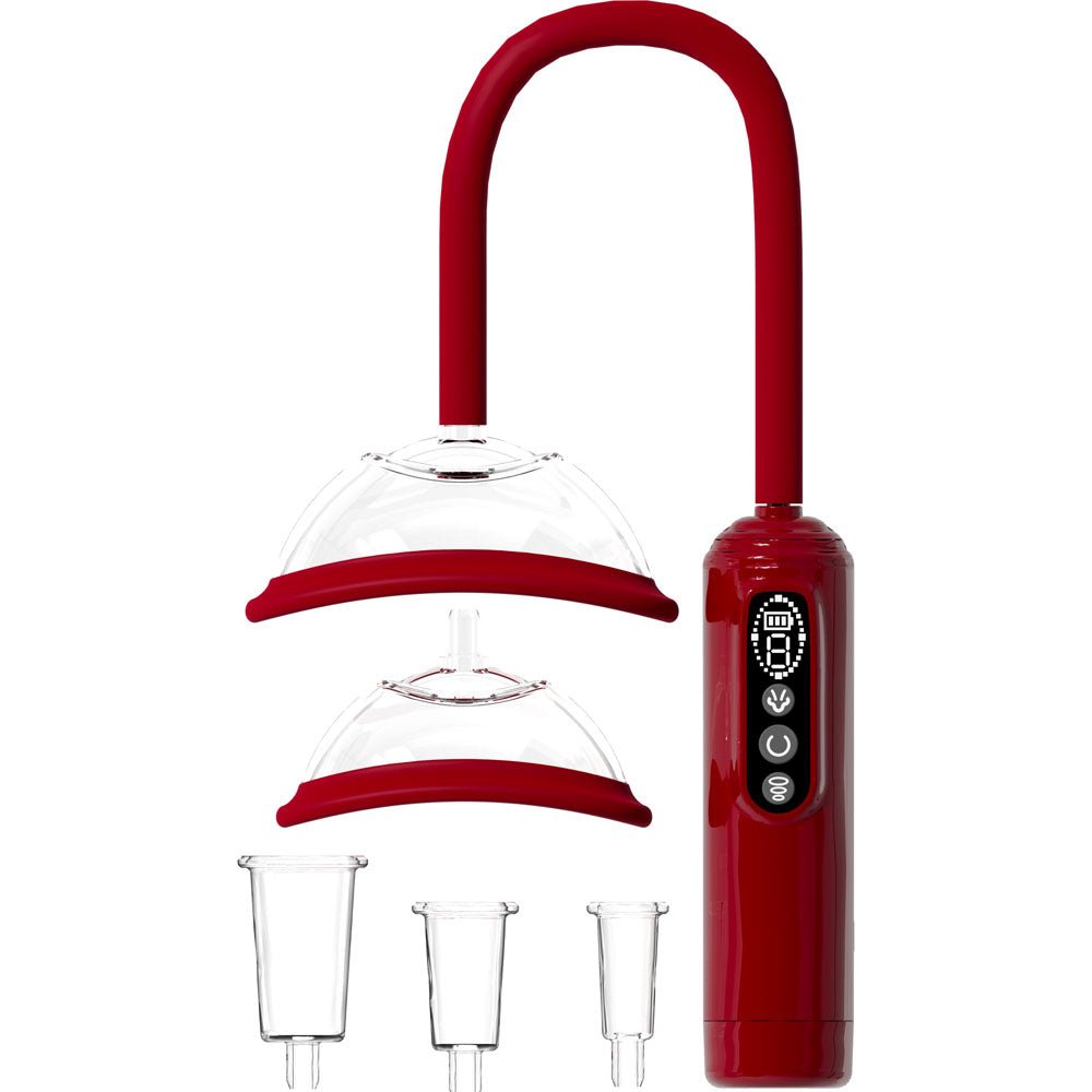 PUMPED Vulva, Breast & Nipple Pump - Red - Red USB Rechargeable Ladies Pump Set - Silk and Sin