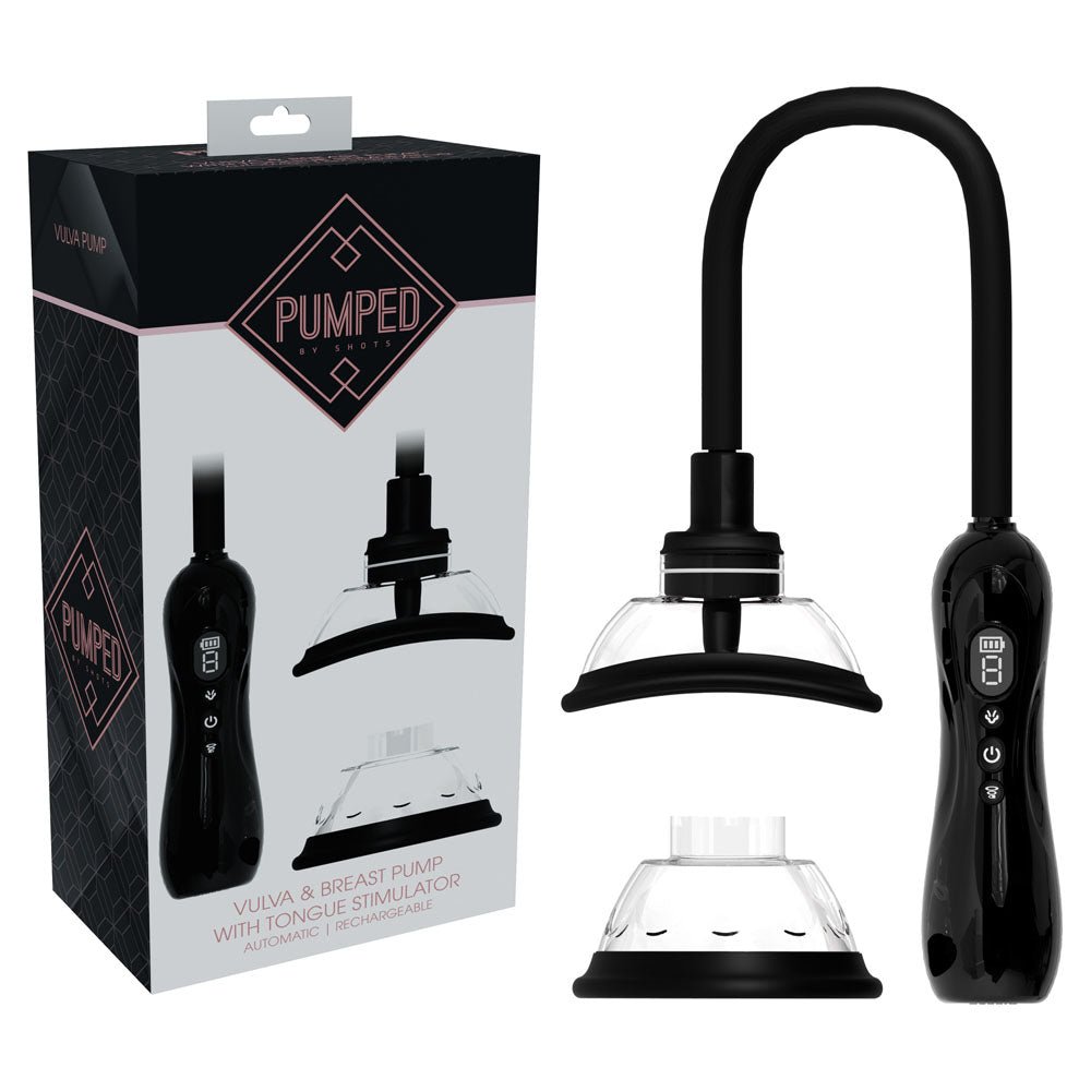 PUMPED Vulva & Breast Pump with Tongue Stimulator - Black - Black USB Rechargeable Ladies Pump Set - Silk and Sin