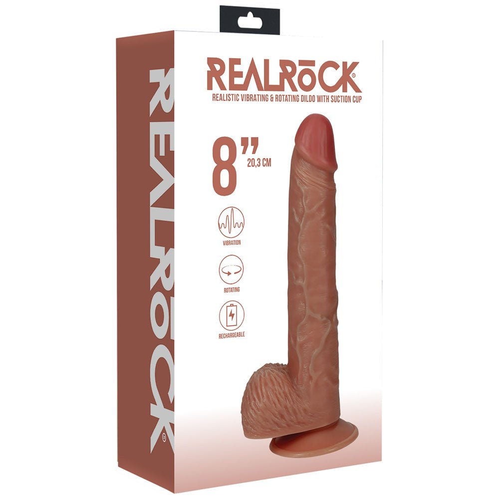 REALROCK 20cm Vibrating + Rotating Cock + Balls - Tan - Tan 20.3 cm (8'') USB Rechargeable Vibrating and Rotating Dong - silkandsin