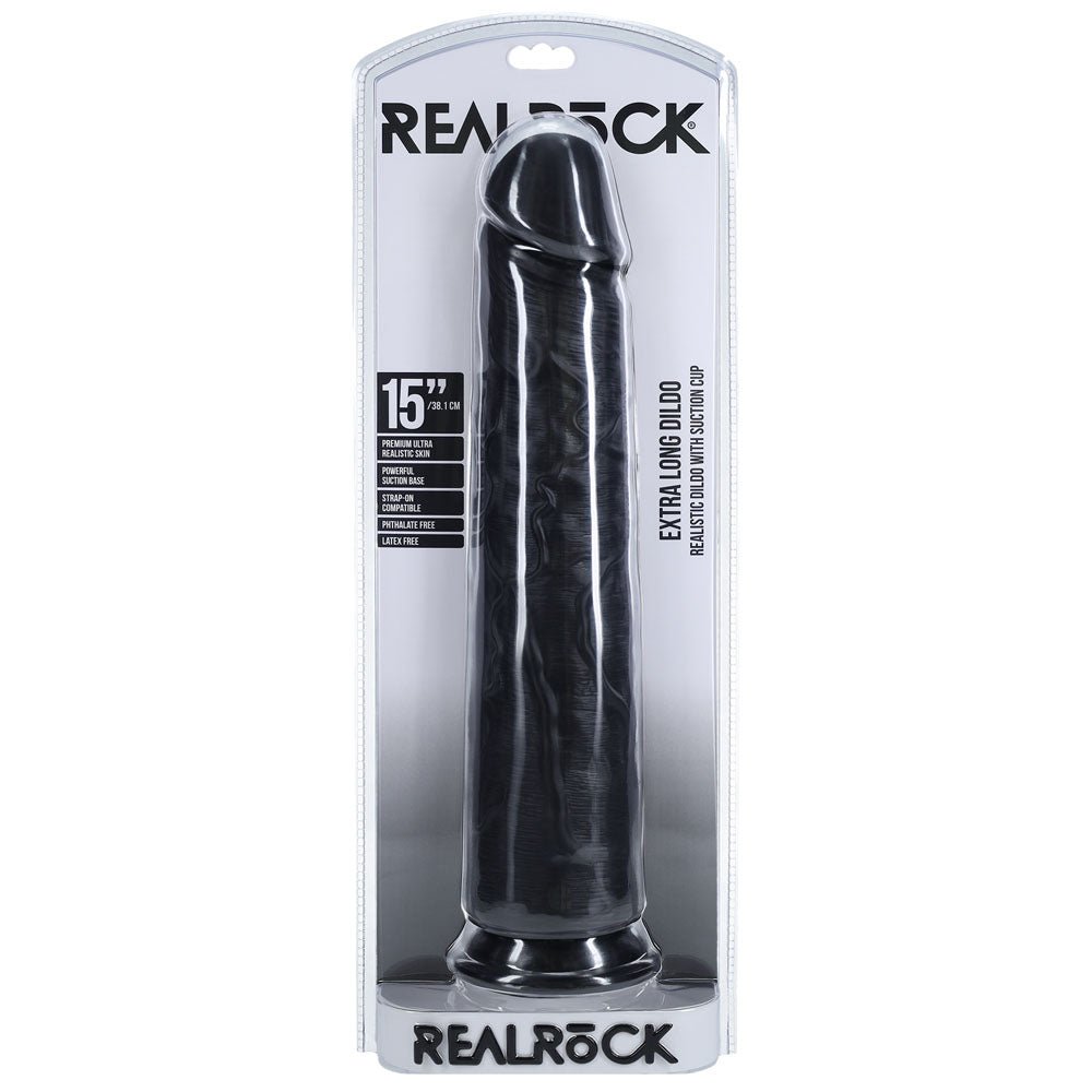 REALROCK 38cm Extra Long Dildo - Black - Black 38 cm (15'') Extra Long Dong - silkandsin