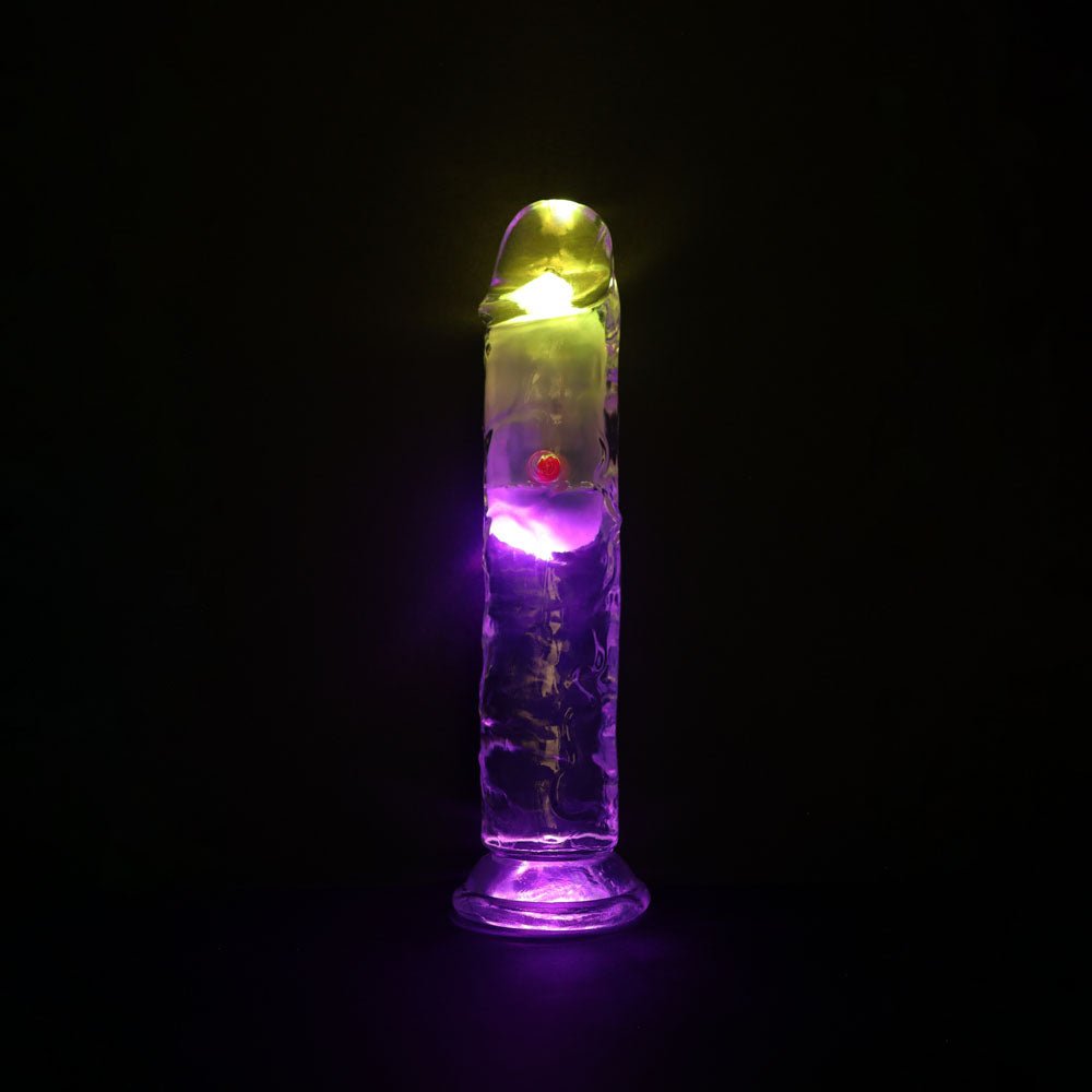 REALROCK 7'' No Balls Wireless Rechargeable LED Vibrating Dong - Clear with LED 20 cm USB Rechargeable Vibrating Dong with Remote - silkandsin