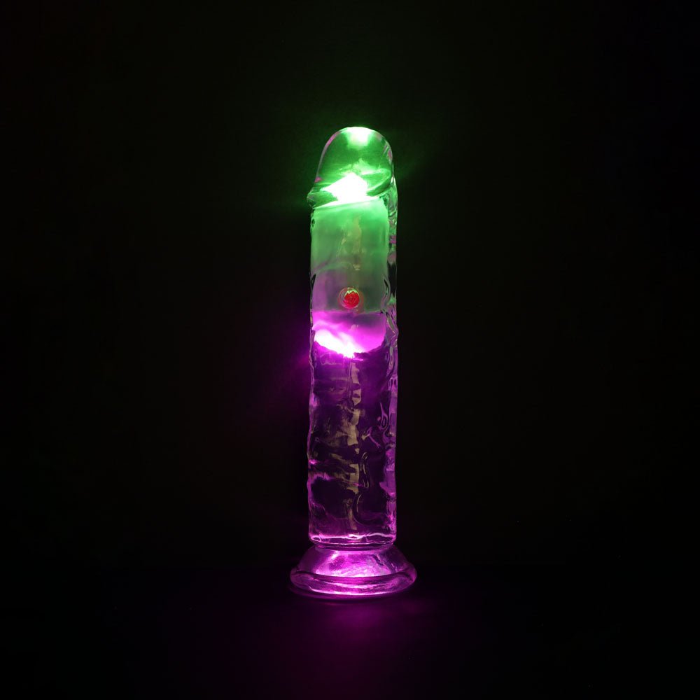 REALROCK 7'' No Balls Wireless Rechargeable LED Vibrating Dong - Clear with LED 20 cm USB Rechargeable Vibrating Dong with Remote - silkandsin