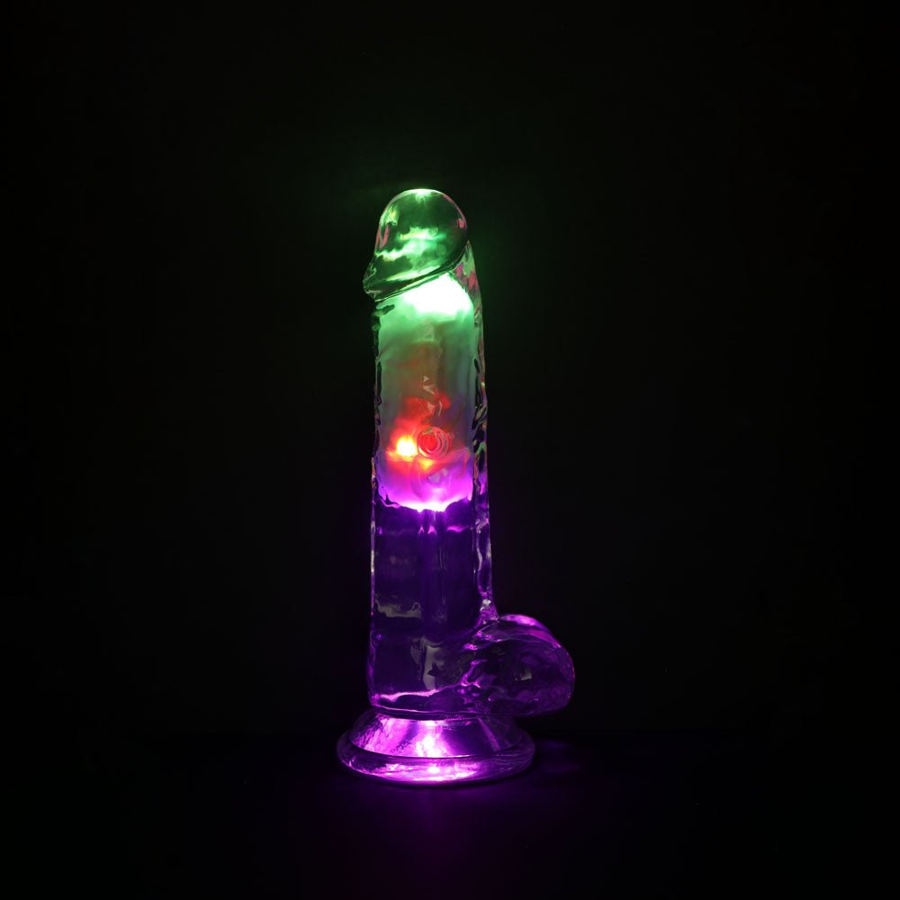 REALROCK 7'' with Balls Wireless Rechargeable LED Vibrating Dong - Clear with LED 19.5 cm USB Rechargeable Vibrating Dong with Remote - silkandsin